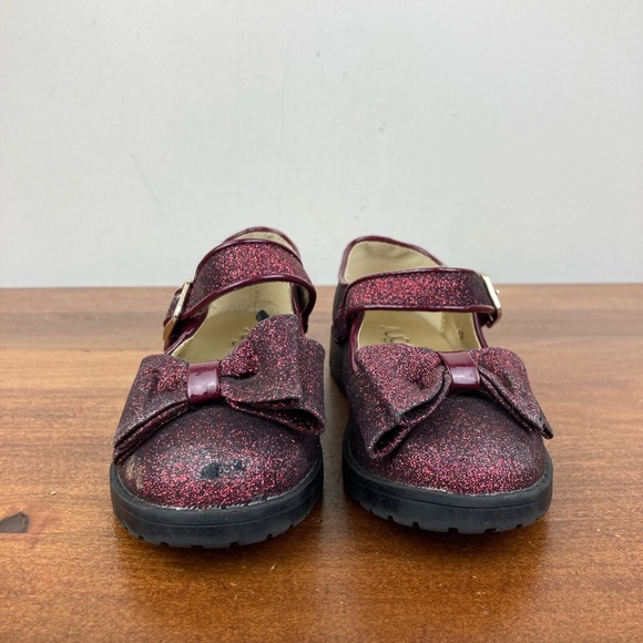 Sugar Brand Kenna Burgundy Sparkle Bow Mary Jane Flats Hook Loop Girls Size 10M. - Picture 3 of 12